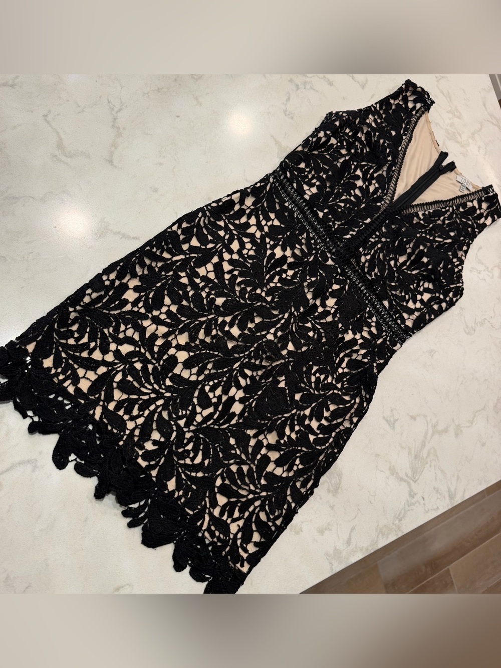 Black Lace Overlay Cocktail Dress with Nude Lining